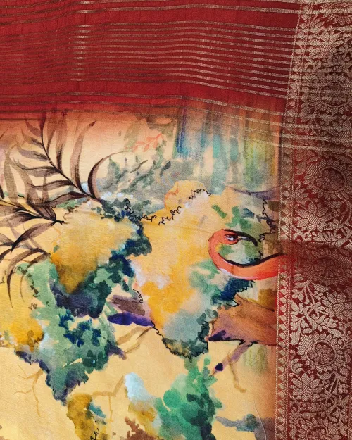 Yellow Color Printed Crepe Silk Saree