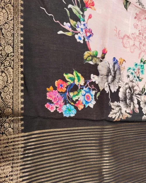 Black & White Printed Crepe Silk Saree