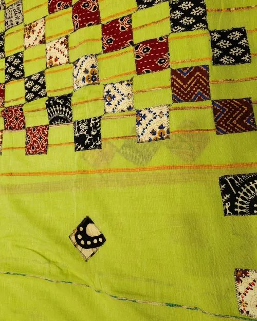 Neon Green PatchWork Mulmul Cotton Saree
