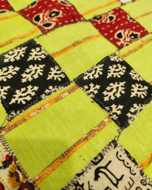 Neon Green PatchWork Mulmul Cotton Saree