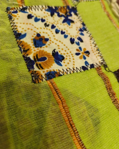 Neon Green PatchWork Mulmul Cotton Saree