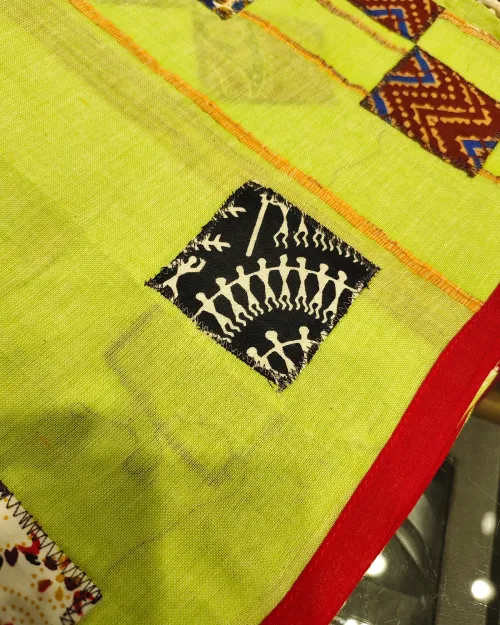 Neon Green PatchWork Mulmul Cotton Saree