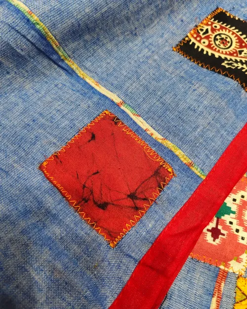 Light Blue PatchWork Mulmul Cotton Saree