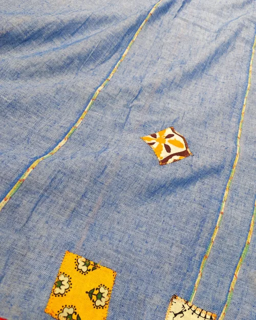 Light Blue PatchWork Mulmul Cotton Saree