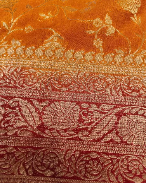 Mustard Color Zari Work Chinon Silk Saree