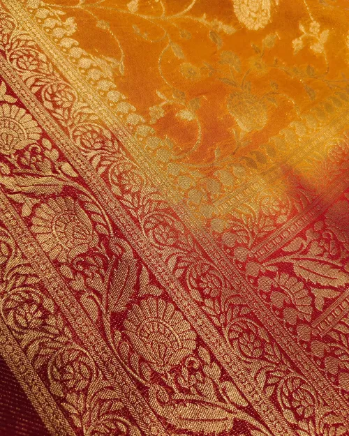 Mustard Color Zari Work Chinon Silk Saree