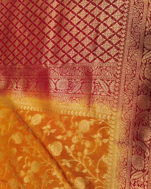 Mustard Color Zari Work Chinon Silk Saree