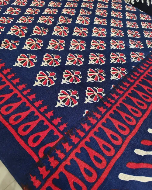 Navy Blue Printed Cotton Saree