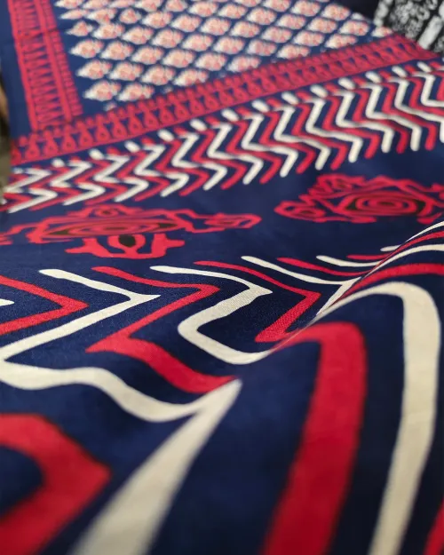 Navy Blue Printed Cotton Saree
