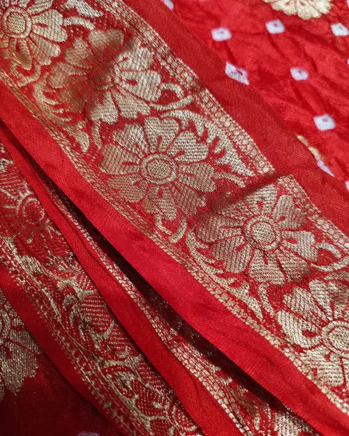 Red Colour Zari Work Silk Bandhani Print Saree