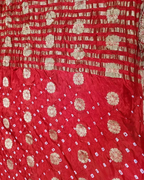 Red Colour Zari Work Silk Bandhani Print Saree