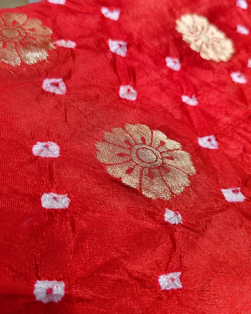 Red Colour Zari Work Silk Bandhani Print Saree