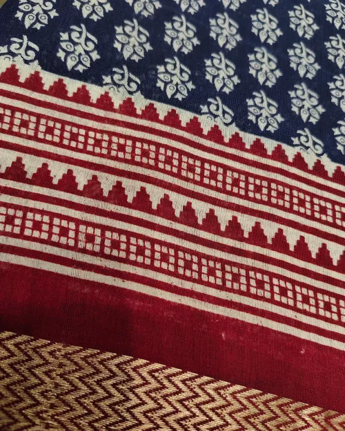 Blue Colour Traditional Print Cotton Silk Saree