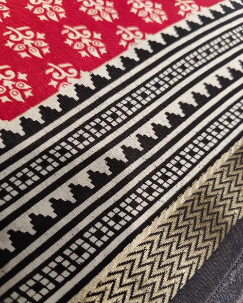 Red Traditional Print Cotton Silk Saree