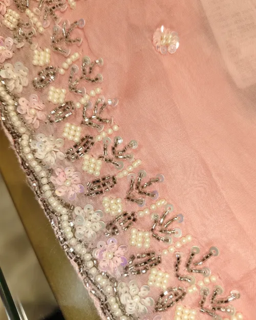 Peachish Pink Stonework Tissue Silk Saree