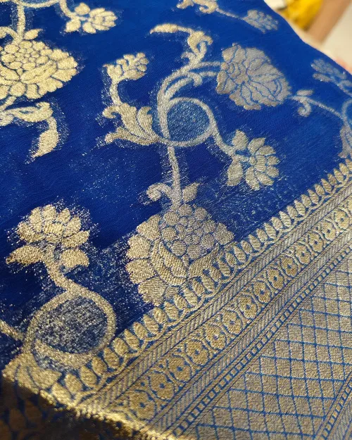 Royal Blue Zari Work Chiffon Saree