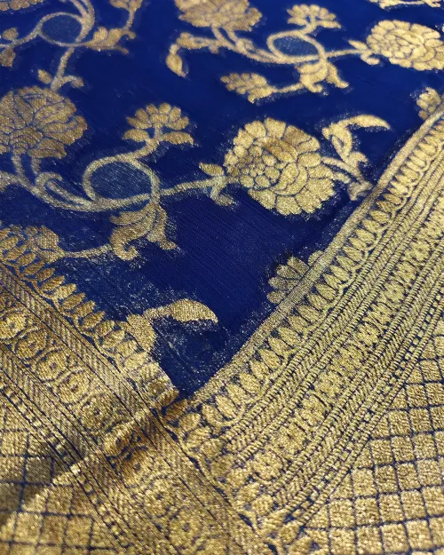 Royal Blue Zari Work Chiffon Saree