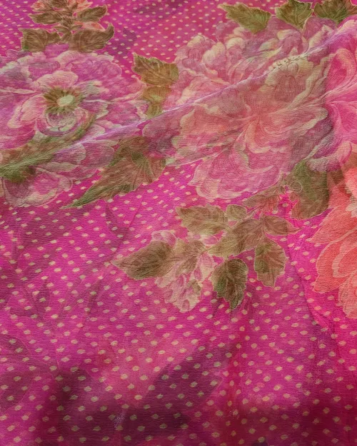 Rani Pink Color Floral Printed Chiffon Saree