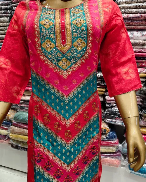 Red Readymade Cotton Silk Straight Suit Set