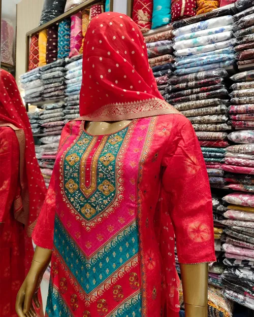 Red Readymade Cotton Silk Straight Suit Set
