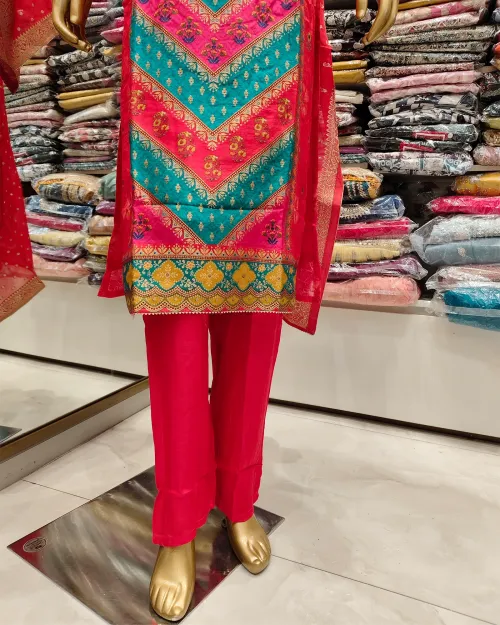 Red Readymade Cotton Silk Straight Suit Set