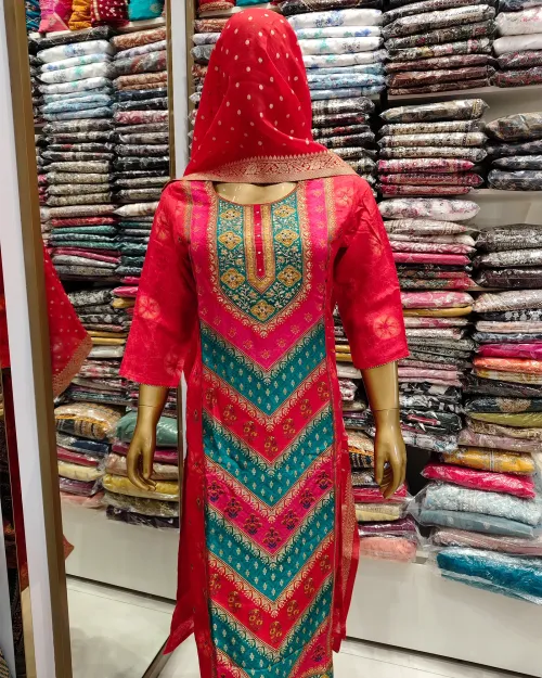 Red Readymade Cotton Silk Straight Suit Set