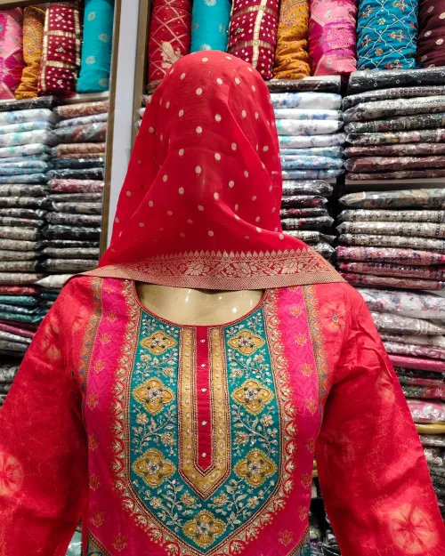 Red Readymade Cotton Silk Straight Suit Set