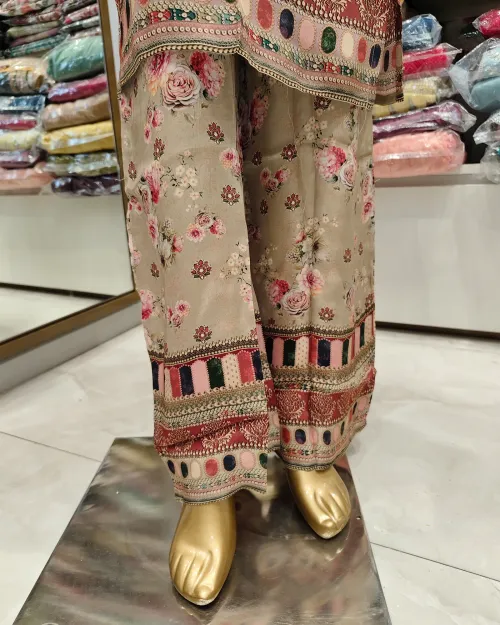 Steel Grey Readymade Crepe Silk Straight Suit Set