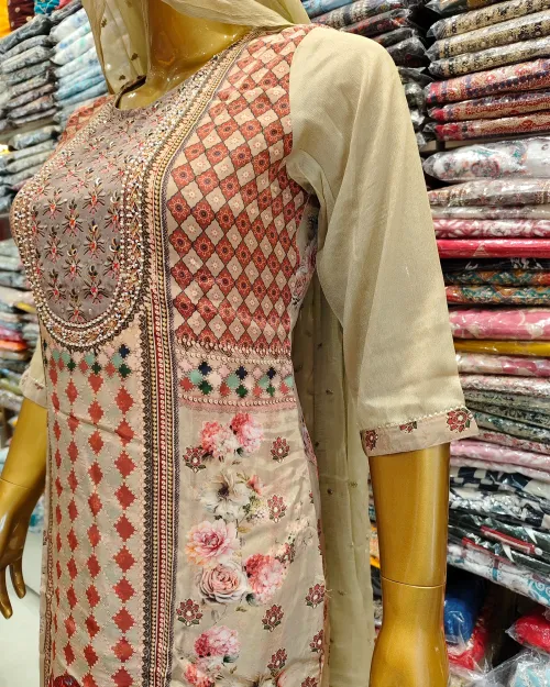 Steel Grey Readymade Crepe Silk Straight Suit Set