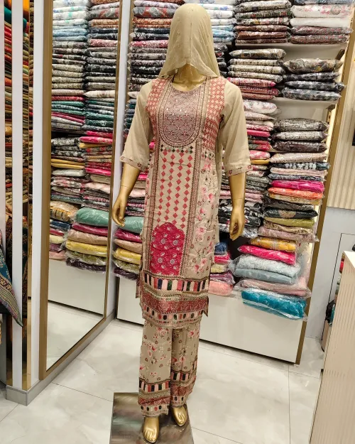 Steel Grey Readymade Crepe Silk Straight Suit Set