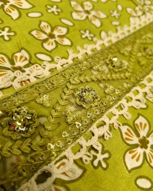 Green Color Cotton Unstitched Suit Set