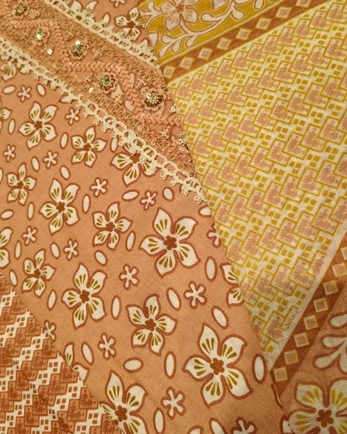 Light Brown Cotton Printed Unstitched Suit Set