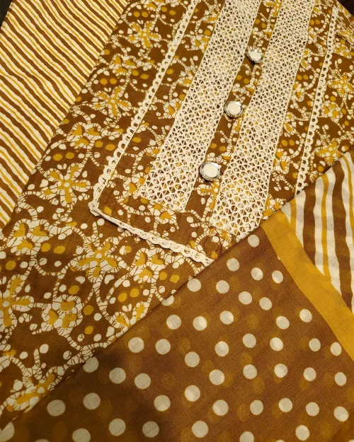 Yellow Cotton Basic Style Unstitched Suit Set