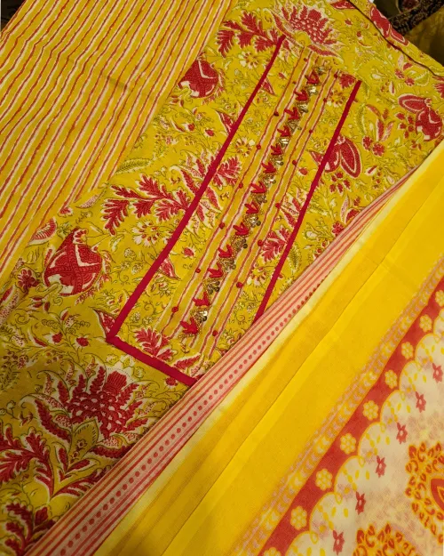 Yellow Colour Cotton Printed Unstitched Suit Set