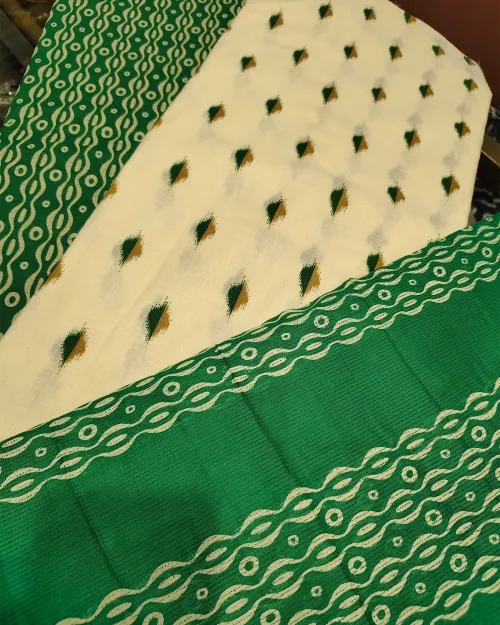 Cream & Green Cotton Printed Unstitched Suit Set