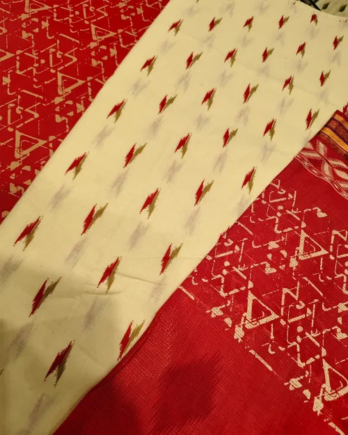 Cream & Red Colour Basic Style Unstitched Suit Set