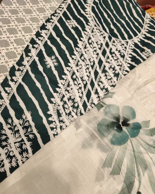 Green Color Cotton Basic Style Unstitched Suit Set