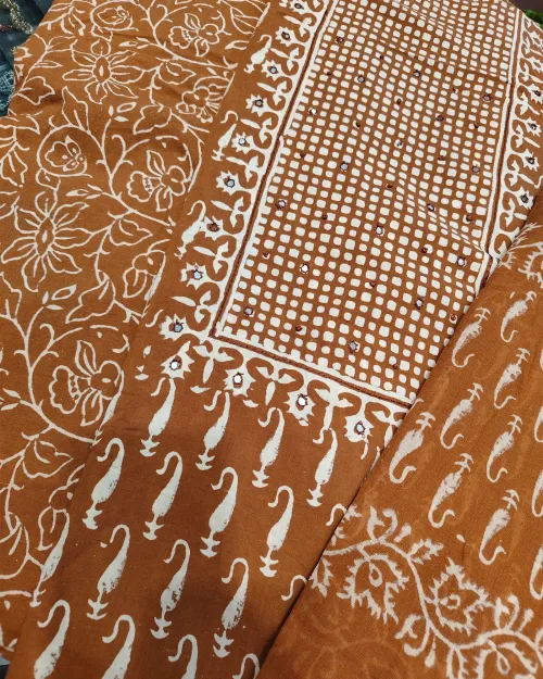 Rusty Orange Basic Style Unstitched Cotton Suit Set
