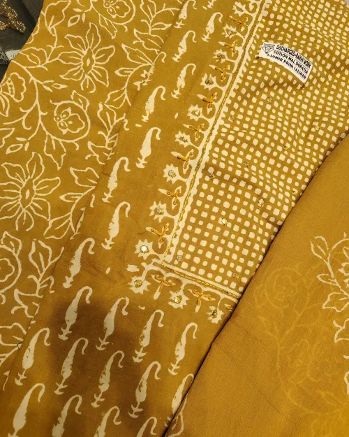 Yellow Colour Printed Unstitched Cotton Suit Set
