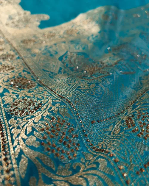 Firozi Color Zari Work Silk Saree