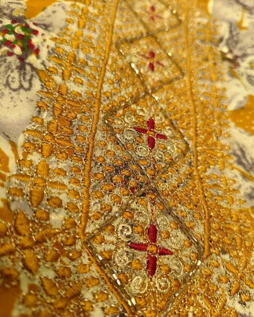 Mustard Light Embroidery Unstitched Cotton Silk Suit Set