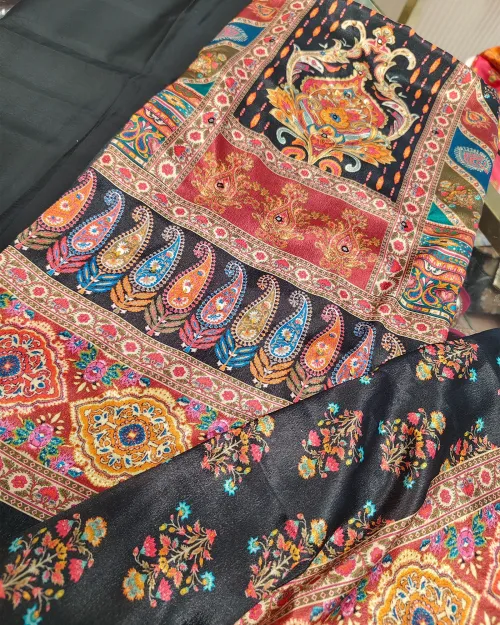 Multi Black Unstitched Crepe Silk Suit Set