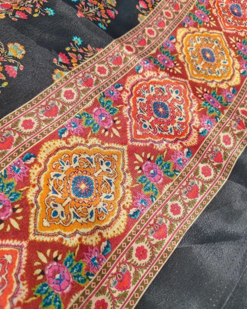 Multi Black Unstitched Crepe Silk Suit Set