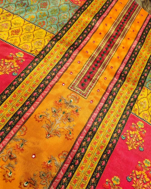 Multi Yellow Unstitched Crepe Silk Suit Set