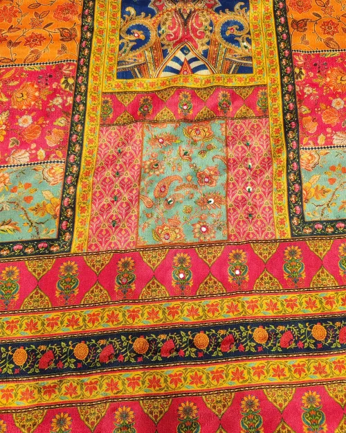 Multi Yellow Unstitched Crepe Silk Suit Set