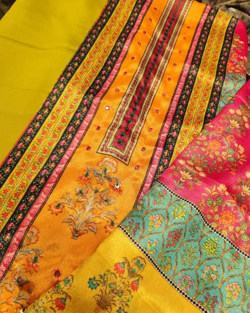 Multi Yellow Unstitched Crepe Silk Suit Set