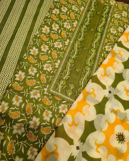Green Color Cotton Unstitched Suit Set