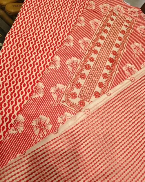 Light Orange Cotton Printed Unstitched Suit Set