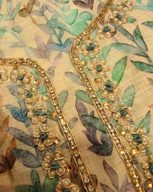 Cream & Ice Blue Chanderi Cotton Unstitched Suit Set