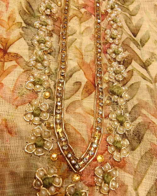 Cream & Light Green Chanderi Cotton Unstitched Suit Set